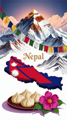 Nepal tourism illustration with Himalaya mountains, Everest sunrise, prayer flags, map with flag, momo dumplings and rhododendron flower