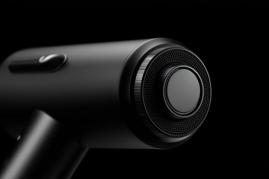 Secador de pelo negro mate con dise&ntilde;o minimalista, Primer plano de secador de pelo profesional en negro, Mockup para publicidad de marca de cuidado capilar, cat&aacute;logo de productos de peluquer&iacute;a