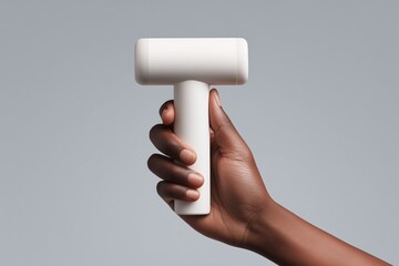 Mano sosteniendo dispositivo de masaje percutivo blanco, Masajeador muscular de mano para fisioterapia, Mockup para anuncio de masajeador muscular, Campaña publicitaria de bienestar y cuidado personal