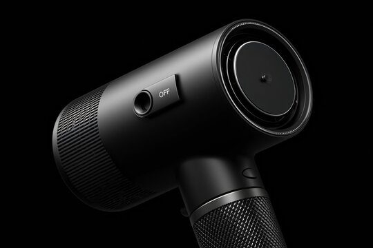 Secador de pelo negro con interruptor en posici&oacute;n de apagado, Primer plano de secador moderno de alta gama, Fondo para campa&ntilde;a publicitaria de belleza, Mockup para marca de secadores profesionales