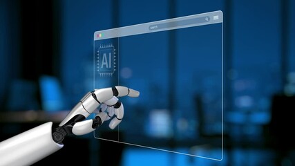 A robotic hand interacts with a holographic interface showcasing vivid abstract art, merging technology and creativity in a contemporary office environment. Synapse - Powered by Adobe