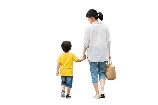 Mother and child walking together isolated on transparent background