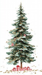 Tall lush Christmas tree decorated with pink ornaments and gifts beneath, featu snow-dusted branches and a festive holiday display on a white background