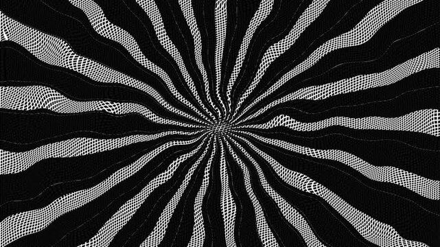 Abstract white and black radial sunburst pattern waves with digital grid texture motion loop