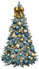 Beautiful decorated Christmas tree with gold and blue ornaments and a large bow on top for festive holiday celebrations and seasonal decoration