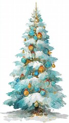 Elegant decorated Christmas tree with gold and blue ornaments, shimme tinsel, and snow effect, perfect festive holiday decoration for winter season
