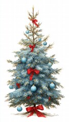 Beautiful decorated Christmas tree with blue and gold ornaments red ribbons and a festive bow on a white background perfect holiday decoration