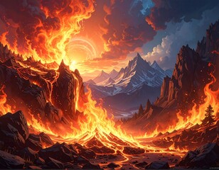 Fiery landscape with volcanic streams and snow-capped mountains