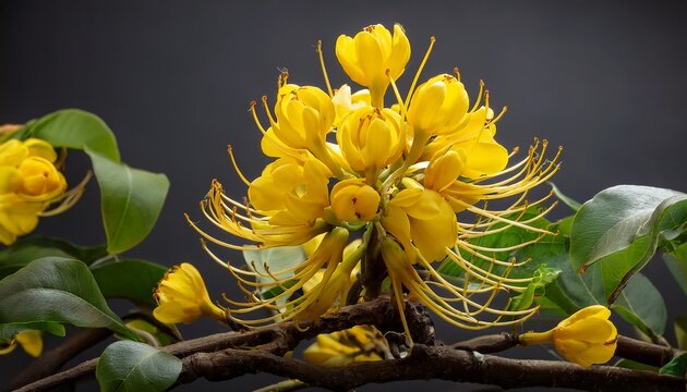 yellow blossoms of globba winitii with underground rhizomes and wrapped leaves forming decorative shapes and reproductive structures