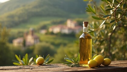 Naklejka premium Bottle of golden olive oil sits on rustic wood table with olives. Rich green Italian countryside panorama with village in background. Organic, fresh, natural food ingredient.