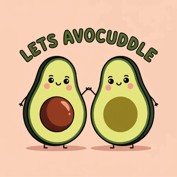 Cute avocado couple illustration with lets avocuddle quote, kawaii fruit characters holding hands on pastel pink background for love cards