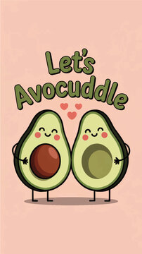 Cute avocado couple hugging with &ldquo;Let&rsquo;s Avocuddle&rdquo; pun text, kawaii love cartoon illustration on pastel pink background