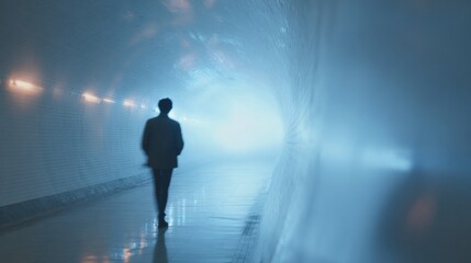 Fototapeta premium Person walking through a tunnel. the tunnel appears to be made of concrete and has a tiled floor.