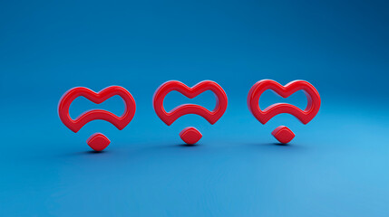 3D icons of red heart-shaped Wi-Fi signal on a blue background, concept of wireless emotional connection and technological love