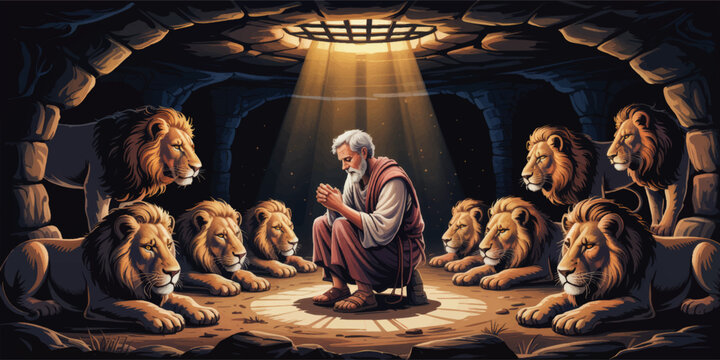 Daniel in the lions&rsquo; den illustration, biblical faith and prayer, glowing light rays, powerful religious concept art