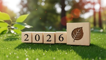 A wooden block calendar with the year 2026, set against a backdrop of a lush green environment. The last block features a carved leaf