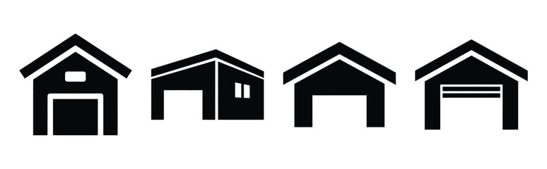 home parking garage silhouette icon set, black color and white background