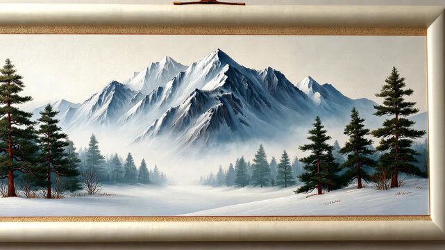 Serene snowy mountain landscape with pine trees painted canvas