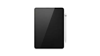 Modern Black Tablet with White Stylus Pen on White Background