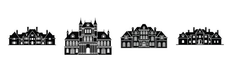 Fototapeta premium luxury mansion silhouette icon set, black color and white background