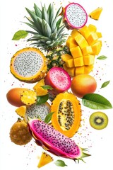 colorful tropical fruits flying in the air, mango, papaya, pineapple, dragon fruit, isolated on white background