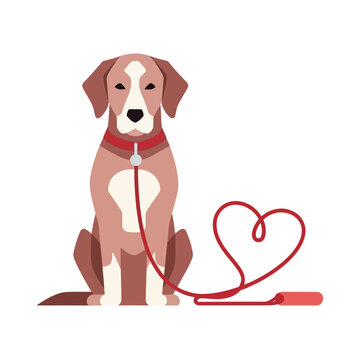 Dog with heart shaped leash, Valentine pet love minimal vector
