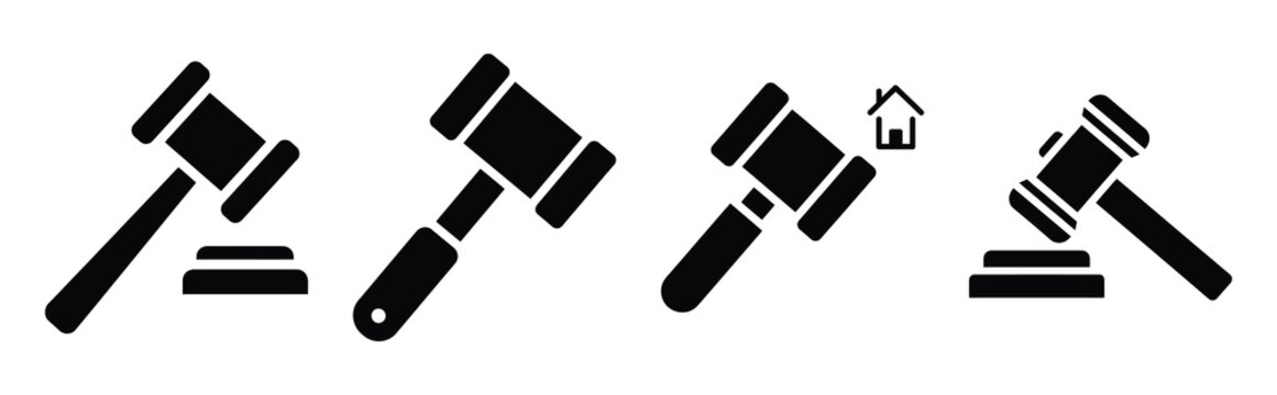 property auction hammer silhouette icon set, black color and white background