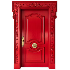 classic red door with ornate trim on a white background	