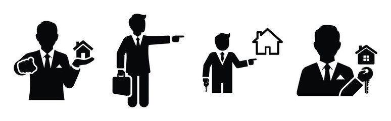 real estate agent silhouette icon set, black color and white background