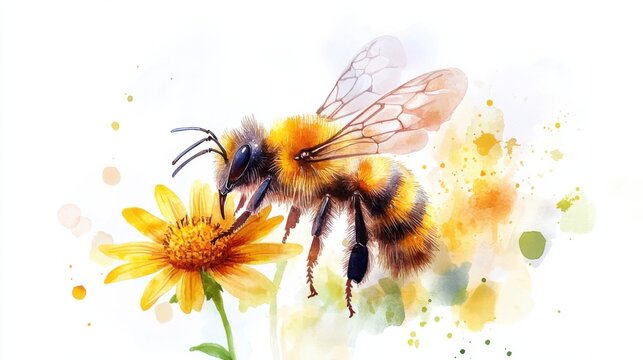cute watercolor bee with tiny wings and flower, white background