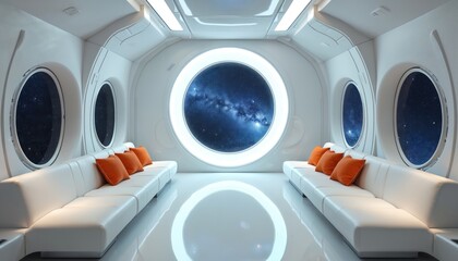 Elegant futuristic spacecraft lounge with white sofas and orange pillows. Large round windows show deep space and galaxy views. Modern interior offers comfort and peace for travel.