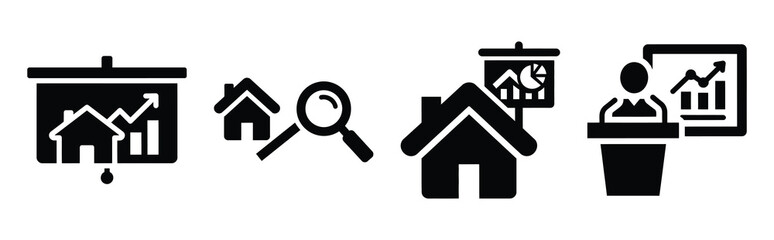 real estate presentation silhouette icon set, black color and white background