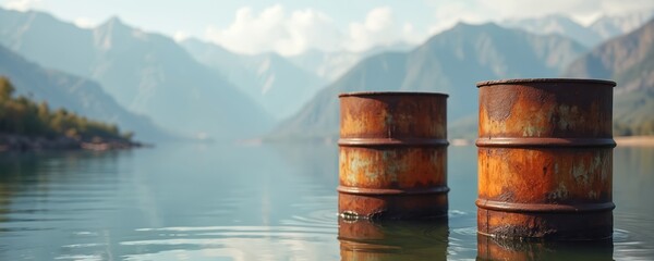 Two rusty barrels float in shallow water. Mountains rise in background. Trees line distant shore. Sunny day. Calm lake surface. Nature scene.