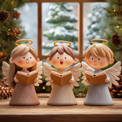 Three Cute Angel Figurines with Golden Halos and Open Books singing in a Festive Christmas Setting
