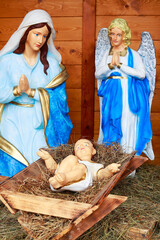 SPYTKOWICE, POLAND - DECEMBER 23, 2025: Traditional Christmas decorations, nativity scene by the church in Spytkowice, Poland.