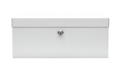 White Metal Cash Box with Lock on Plain White Background