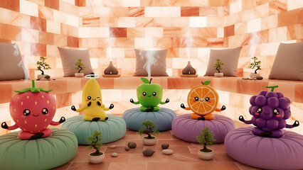 Happy fruit characters doing yoga in salt room