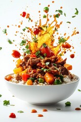 exploding curry rice with meat, vegetables, curry sauce splash, isolated on white background