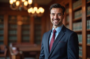 Fototapeta premium Smiling man in dark suit and tie stands in library. Confident professional ready for business meeting. Attorney at work in office with books.