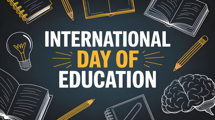 International Day of Education Chalkboard Banner with Doodles - Social Media Post, Blog Header, School Event Promotion
