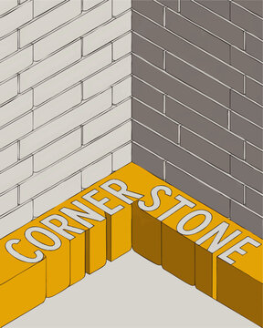 Yellow cornerstone bricks with white and gray brick walls, isometric corner illustration symbolizing foundation, support and strength
