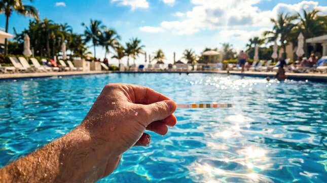 Hand Holding Pool Water Test Strip in Clear Blue Swimming Pool Under Bright Sunlight and Palm Trees