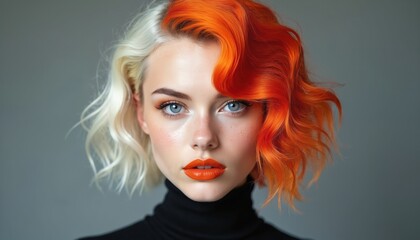 Fototapeta premium Young woman with bold two tone hair color, white and bright orange curls. She wears dramatic orange lipstick, eye makeup, black turtleneck. Studio portrait.