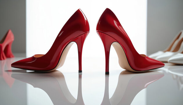 Pair of glossy red stiletto heels on reflective surface. Other shoes white and coral tones visible background. Elegant footwear for special events parties.