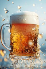 floating beer mug with foam and beer splash, isolated on white background