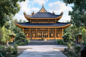 Obraz premium Beautiful Asian temple surrounded by lush greenery and serene pathways in daylight