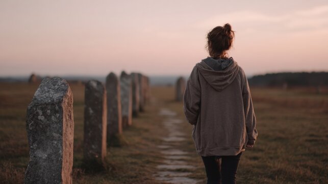 Young woman standing in a field with a row of tall stone heads. she is wearing a grey hoodie and black pants. her hair is tied up in a messy bun and she is looking out towards the horizon.