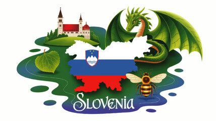 Colorful Slovenia travel illustration with national flag map, Ljubljana dragon, church, bee and linden leaf tourism concept