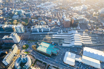 downtown center and railway station of Reading. Berkshire in England. aerial view