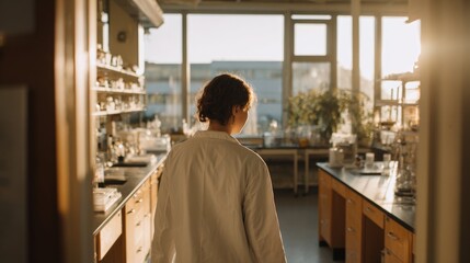 Young woman standing in a laboratory, looking out the window. she is wearing a white lab coat and has her hair tied back in a bun.